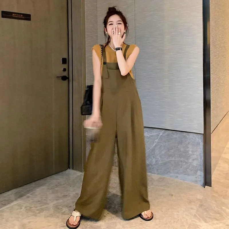 Elegant Ice Silk Bib Overalls Women's Summer 2026 New Style Slimming Street Fashion Drapey One-Piece Pants High Waist Long Leg