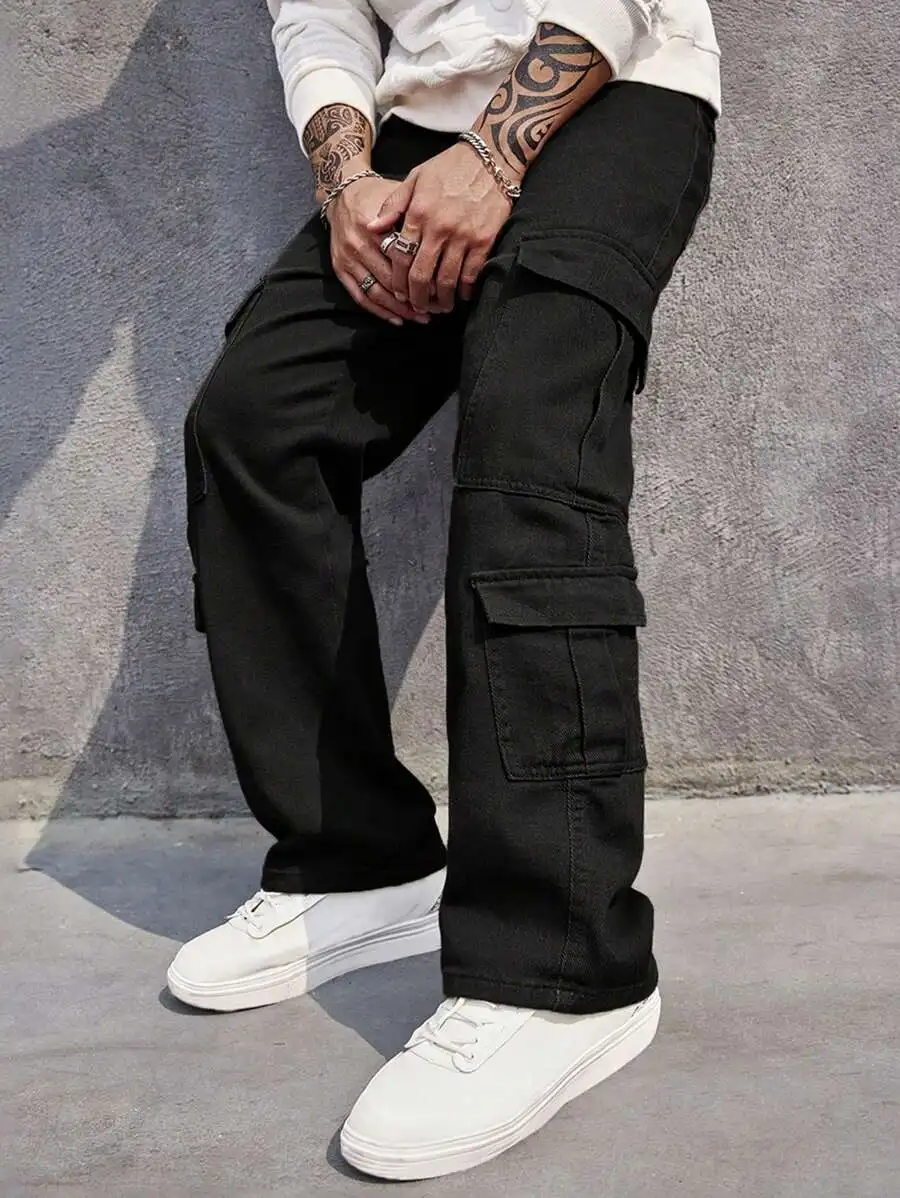 

Mens Cotton Cargo Pants With Flap Pockets Streetwear Style