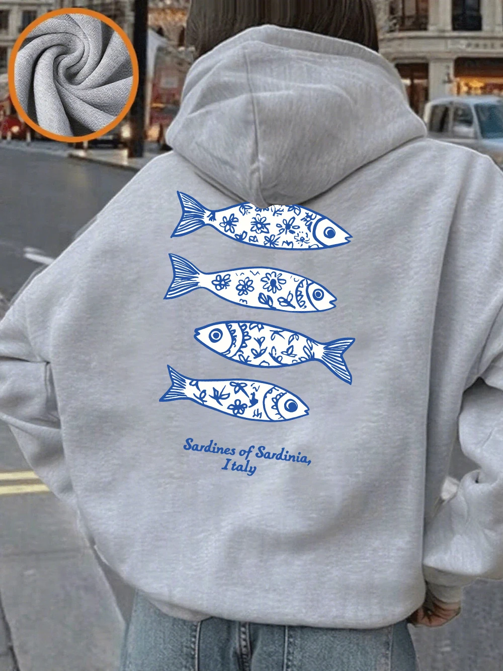サルデーニャのイタリアのイワシプリントパーカー女性カジュアルポケットプルオーバー冬フリース暖かいスウェットシャツベーシックスポーティな服