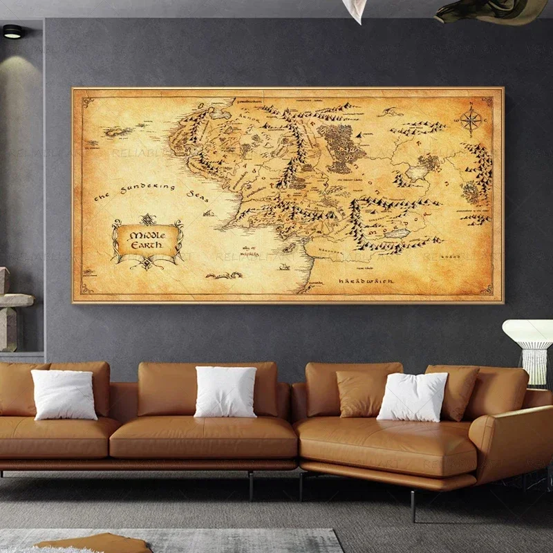 Retro The-Lord-of-Rings Map Poster Vintage Middle-earth Map Canvas Painting Movie Wall Art Pictures for Home Living Room Decor