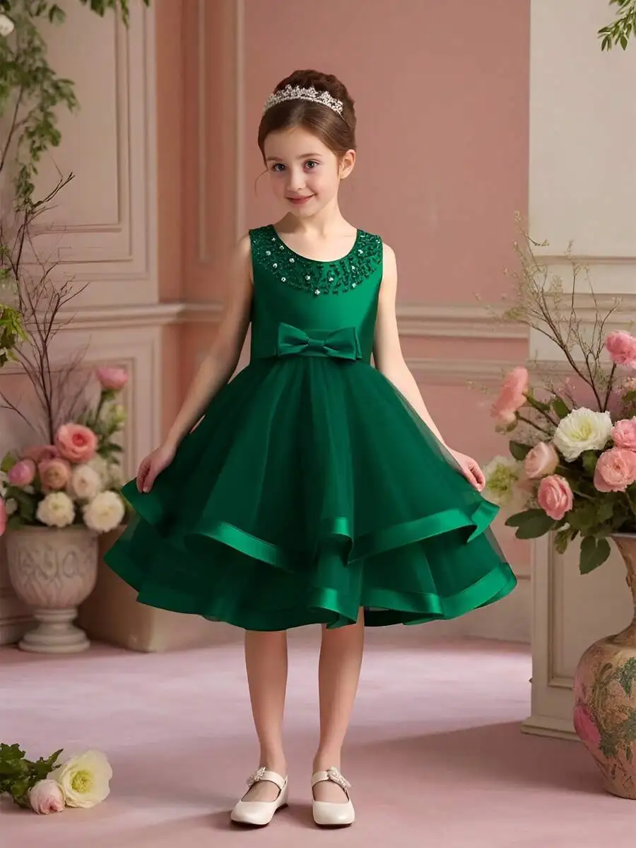 Emerald Green Sleeveless Satin Dress With Beaded Neckline And Bow Waist