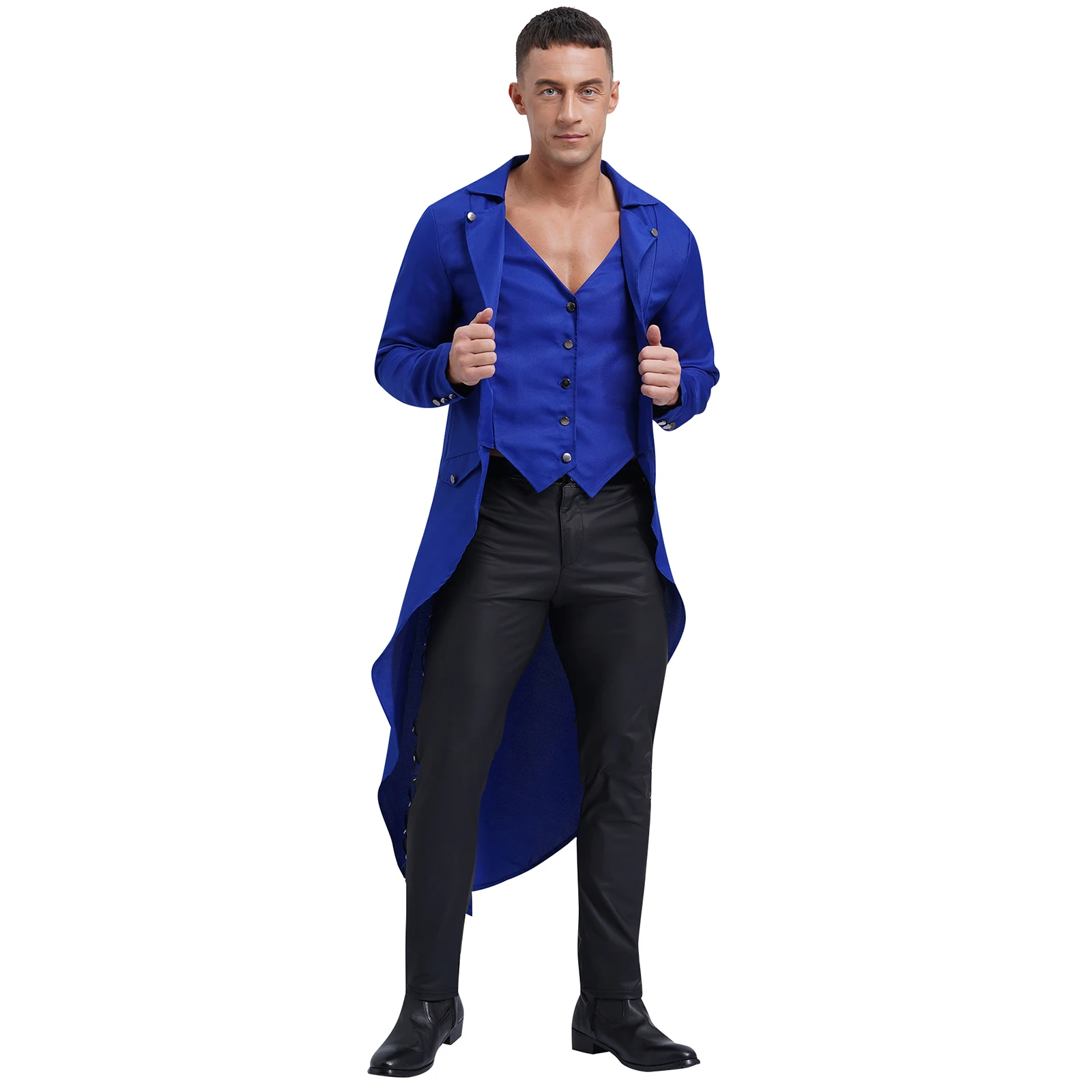 Mens Medieval Renaissance Long Tailcoat Steampunk Gothic Vampire Noble Cosplay Costume Lapel Sleeve Button-up Swallowtail Jacket