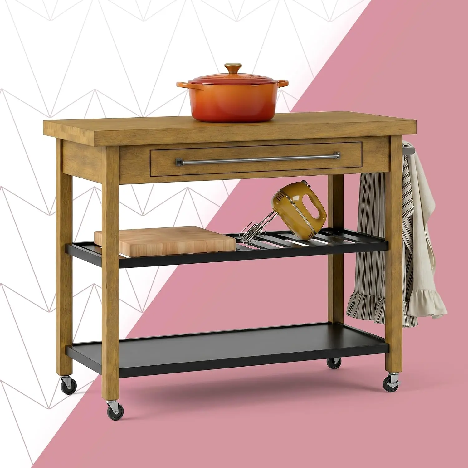 Kitchen Island Cart with Drawer & Wine Shelf, Mobile Microwave Stand with Lockable Wheels, Brown & Black, Customized