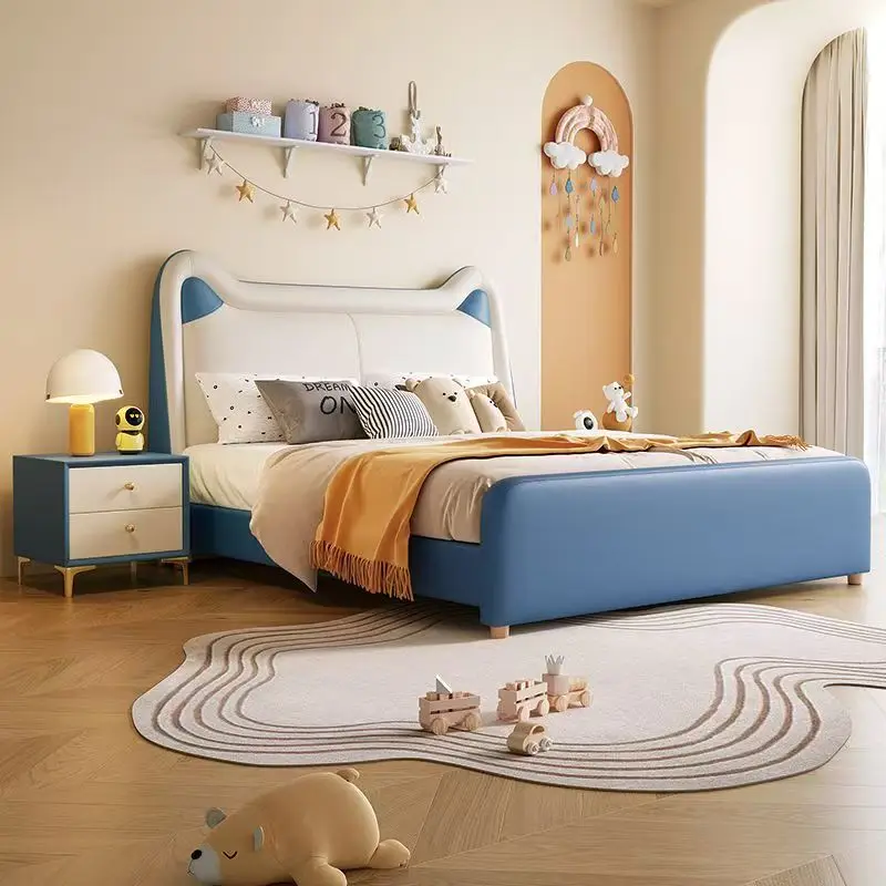 ！@Latest Design Kids Bed Upholstered with Trundle Solid Wood Material Frame Leather Cat Shaped Bed