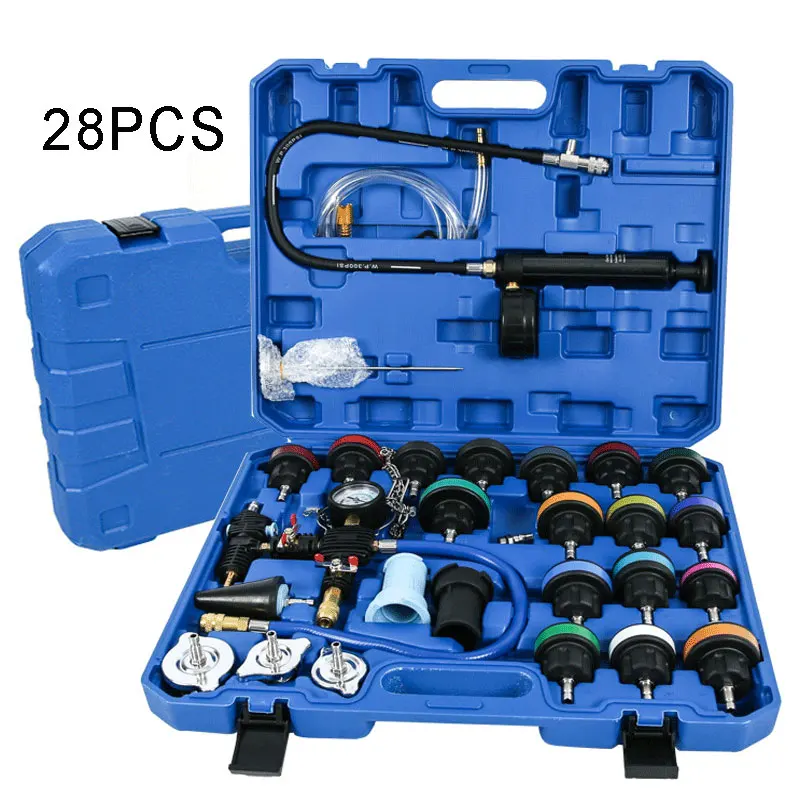 28Pcs Car Radiator Pump Pressure Tester Set Vacuum Type Cooling System Tester Water Tank Leak Detection Pressure Gauge Detector