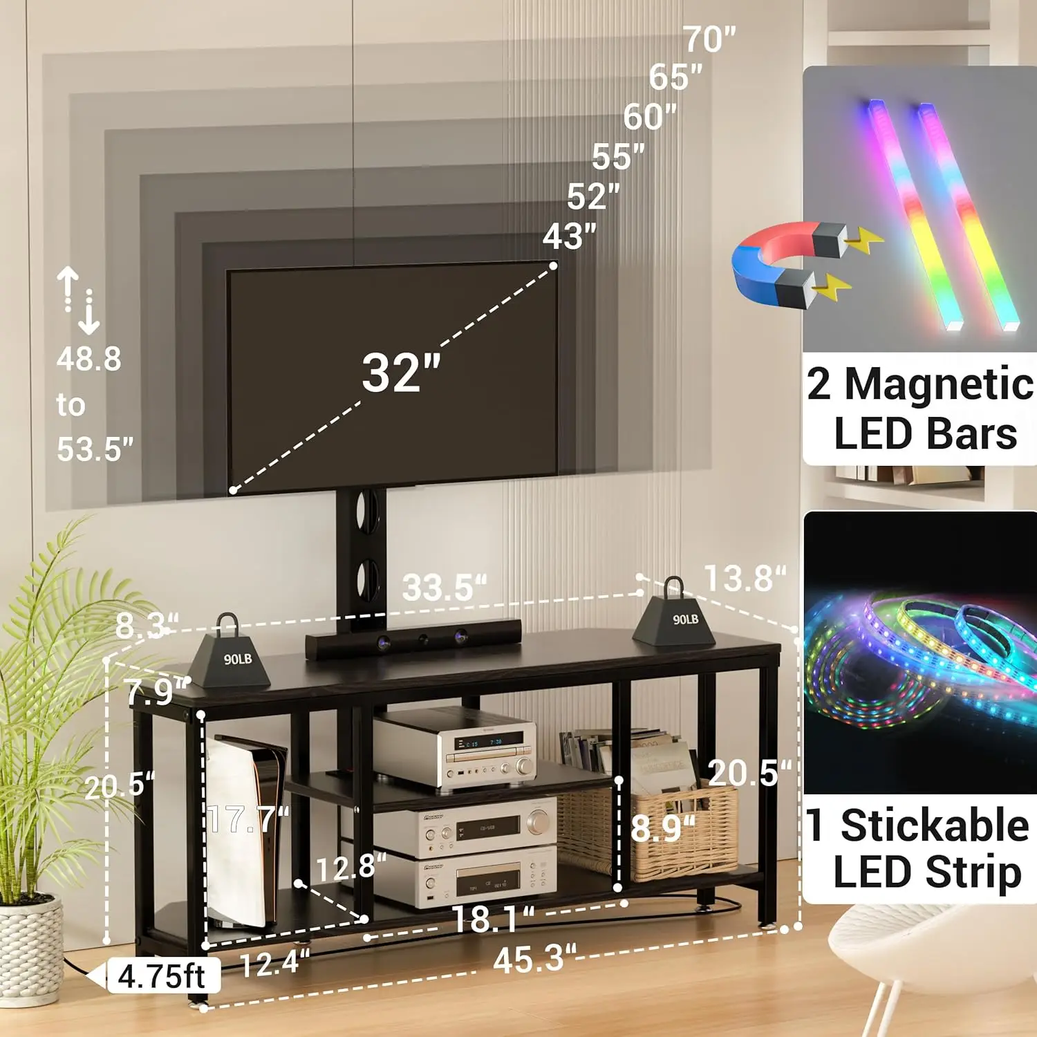 Universal LED TV Mount Stand com LED, Altura Ajustável, Swivel TV Console, Madeira e Aço Entretenimento