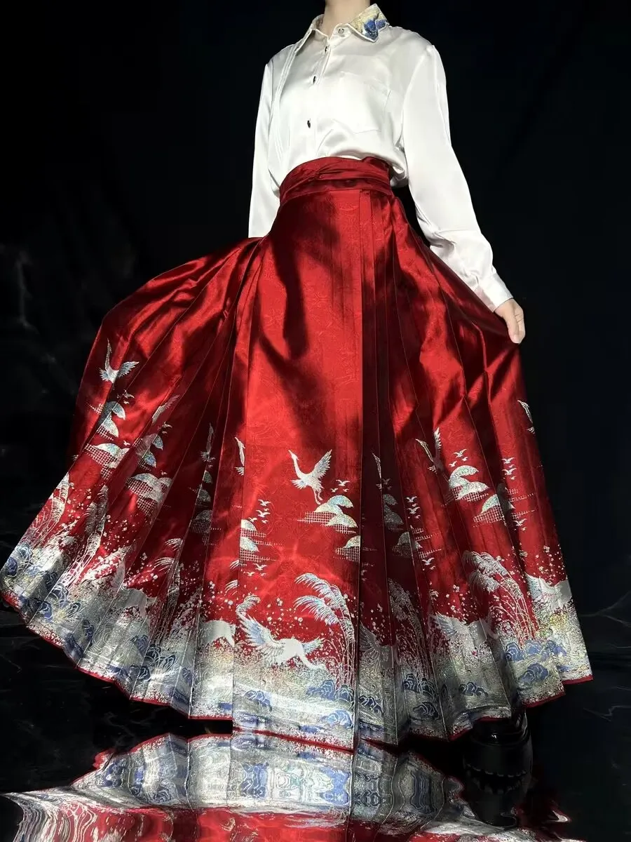 Новогодний костюм Hanfu, юбка с конским лицом, женская юбка со складками, китайский стиль, вышивка, зеленое плетение, золотистая, черно-зеленая юбка Hanfu