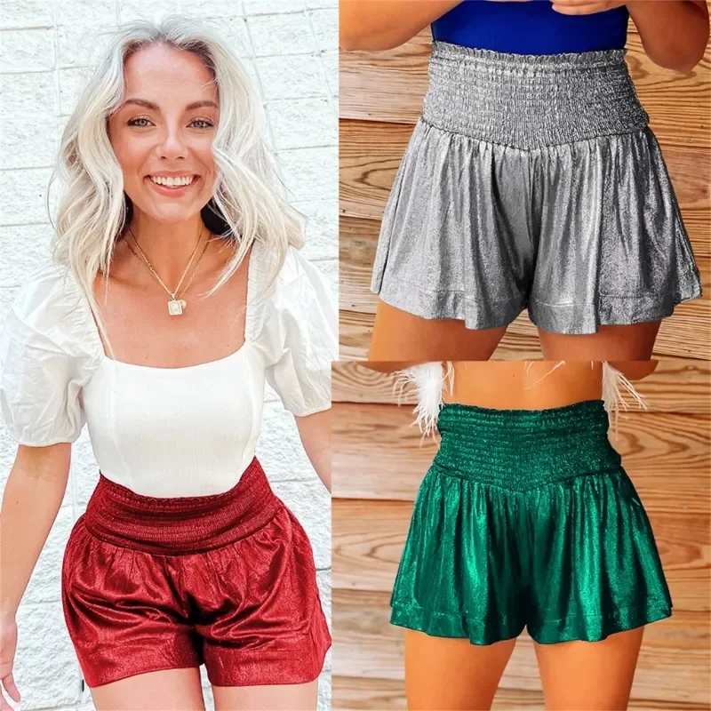 

Women Smocked High Waist Glitter Metallic Flowy Hot Shorts Dance Baggy Shorts