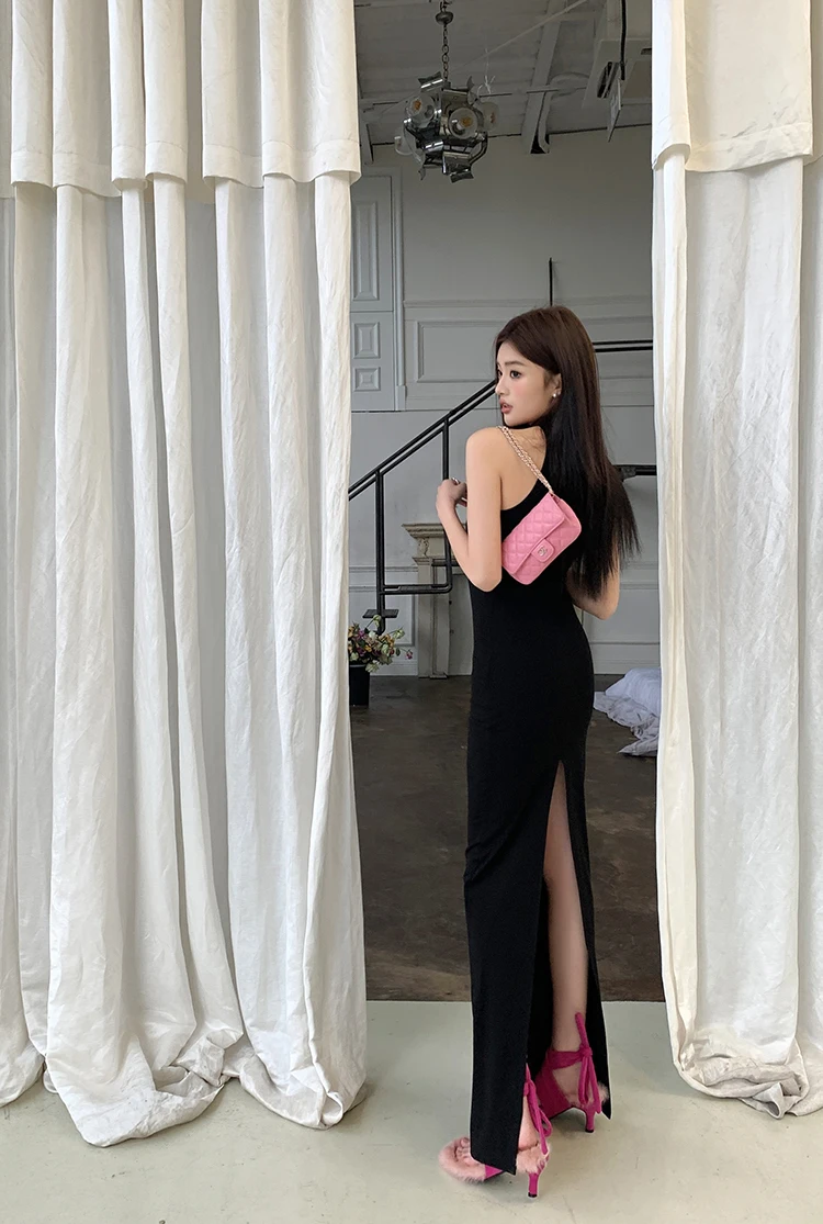 

2023 summer elegant new sleeveless dress female back slit long skirt high neck slim base skirt