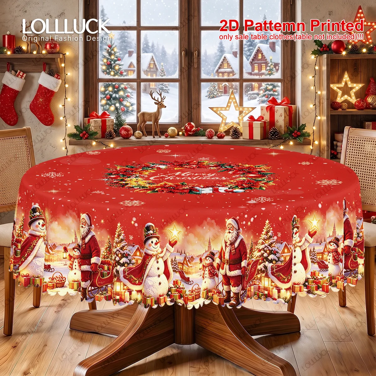 Merry Christmas themed tablecloth, printed with wreaths, snowmen, Santa Claus and Christmas tree patterns, round/oval tablecloth