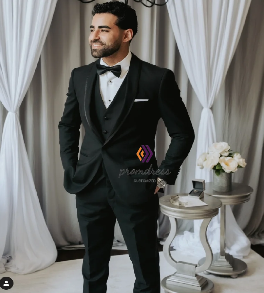 

Handsome Black Wedding Suits 3 Pieces Pantsuit Slim Classic Black Shawl Lapel Sleek Groom Event Attire Groom Wedding Tuxedos