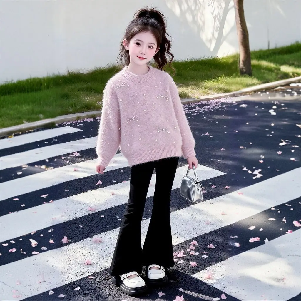 2026 Autumn Winter Teenagers Girls Kids Knit Sweater pearl Dresses Princess Clothes New Year Christmas bow 4 6 7 8 9 10 11 Year