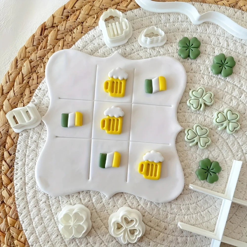 7Pcs St Patrick's Day Tic-Tac-Toe Cookie Cutters Shamrock Beer Mug Irish Flag Polymer Clay Mold Biscuit Cutters for Party Baking