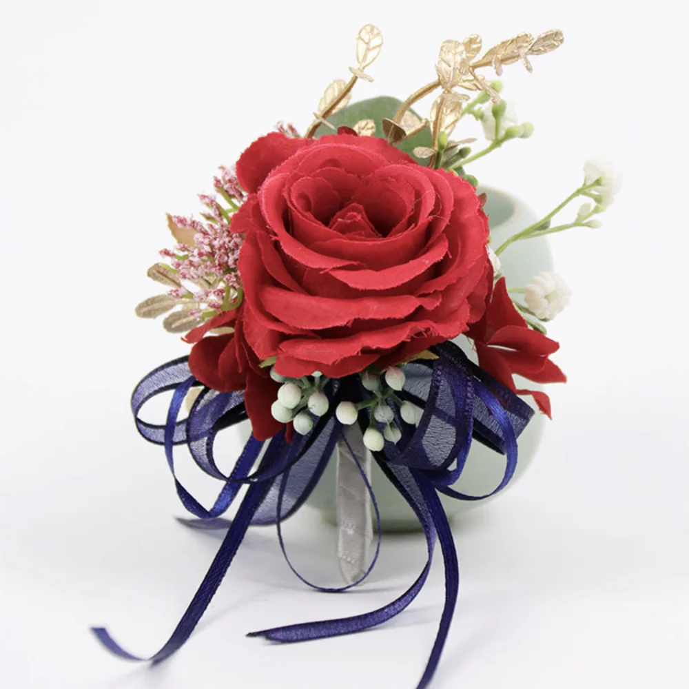 Künstliche rote Blumen Hochzeit Bouton nieres für Brautjungfer Männer Corsage Handgelenk Hochzeits blumen für Gäste Pins Braut Abschluss ball Dekor