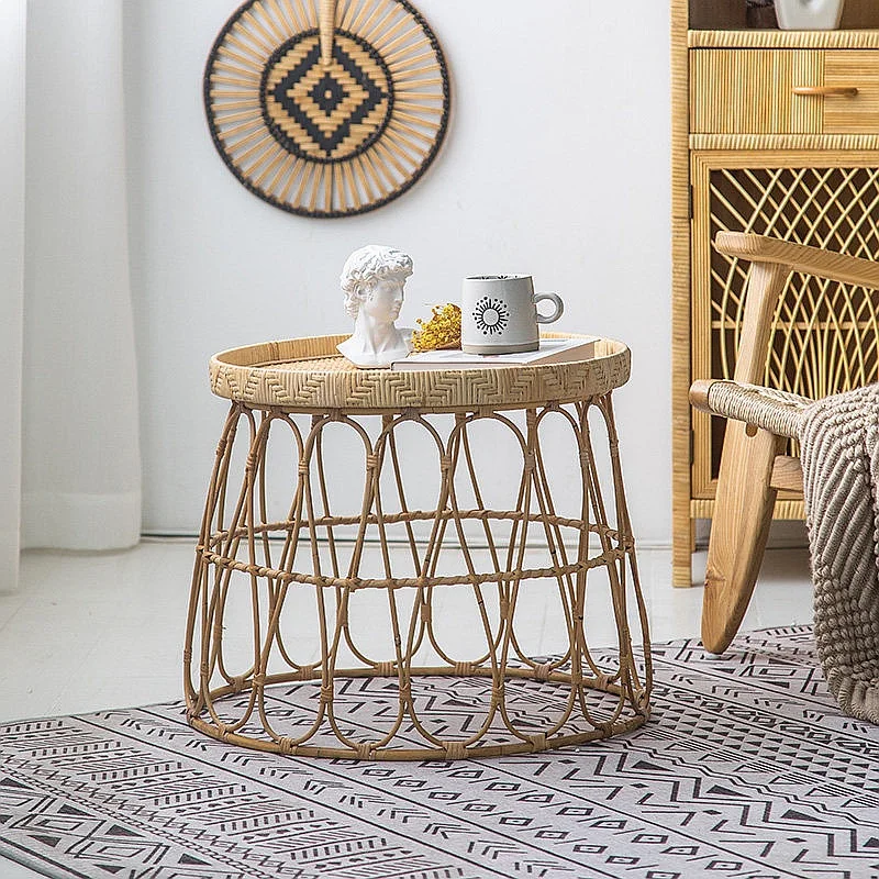 Nordic Rattan Round Side Table Boho Coffee Tea Table Patio Furniture Bamboo Legs Home Decor