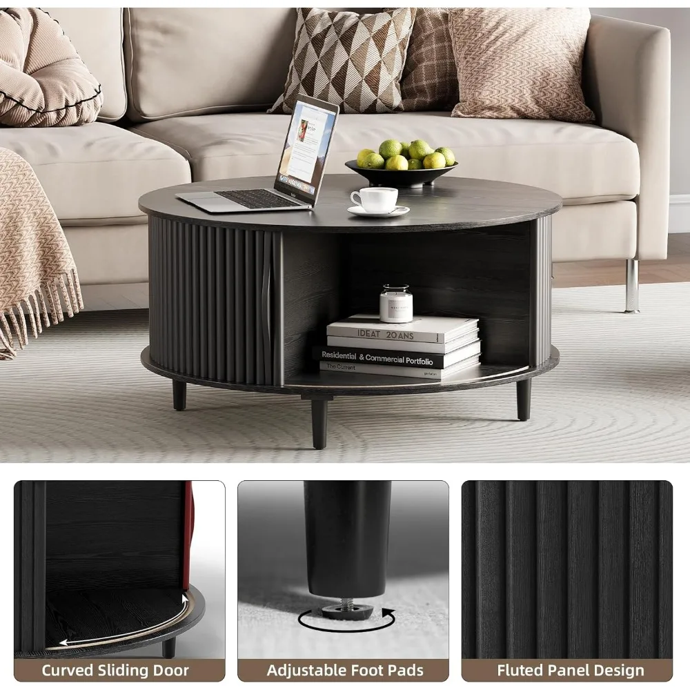 طاولة قهوة مستديرة للتخزين مع باب منزلق، طاولة مركزية صغيرة لغرفة المعيشة 31.5، أثاث منزلي حديث #3