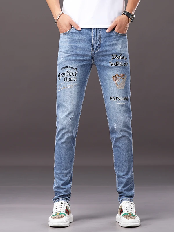 

High-End Retro Embroidered Jeans Men's Spring Autumn New Sle Trendy Brand Elastic Slim Fit Casual Long Pants