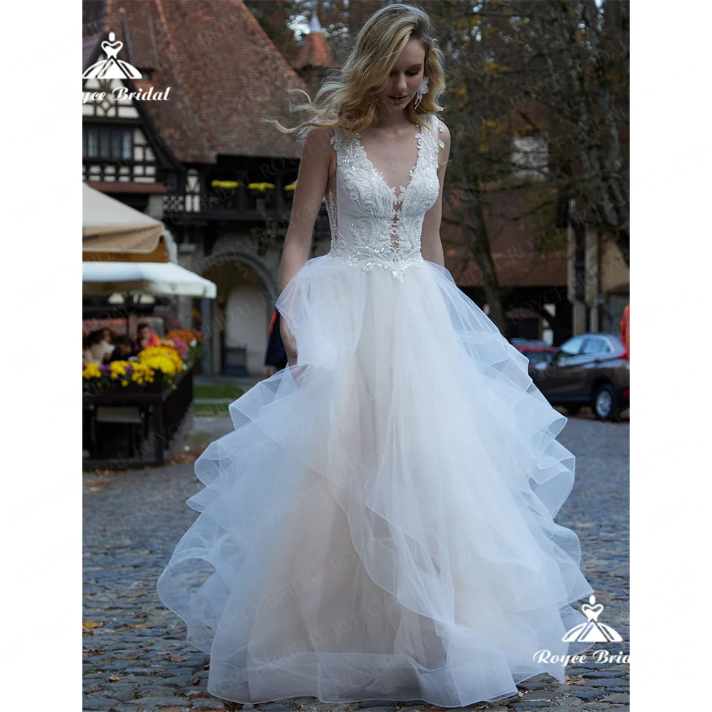 

Свадебное платье А-силуэта с V-образным вырезом 2026, кружевное, со шлейфом, на заказ, для свадебных торжеств