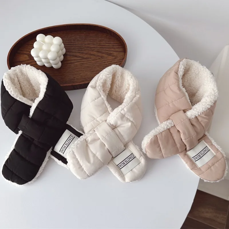 Winter  Soft Fleece Wool Baby Scarf Children Warm Plush Neck Wrap Boy Girl Cross Cotton Padded High Quality Muffler Neck Scarf