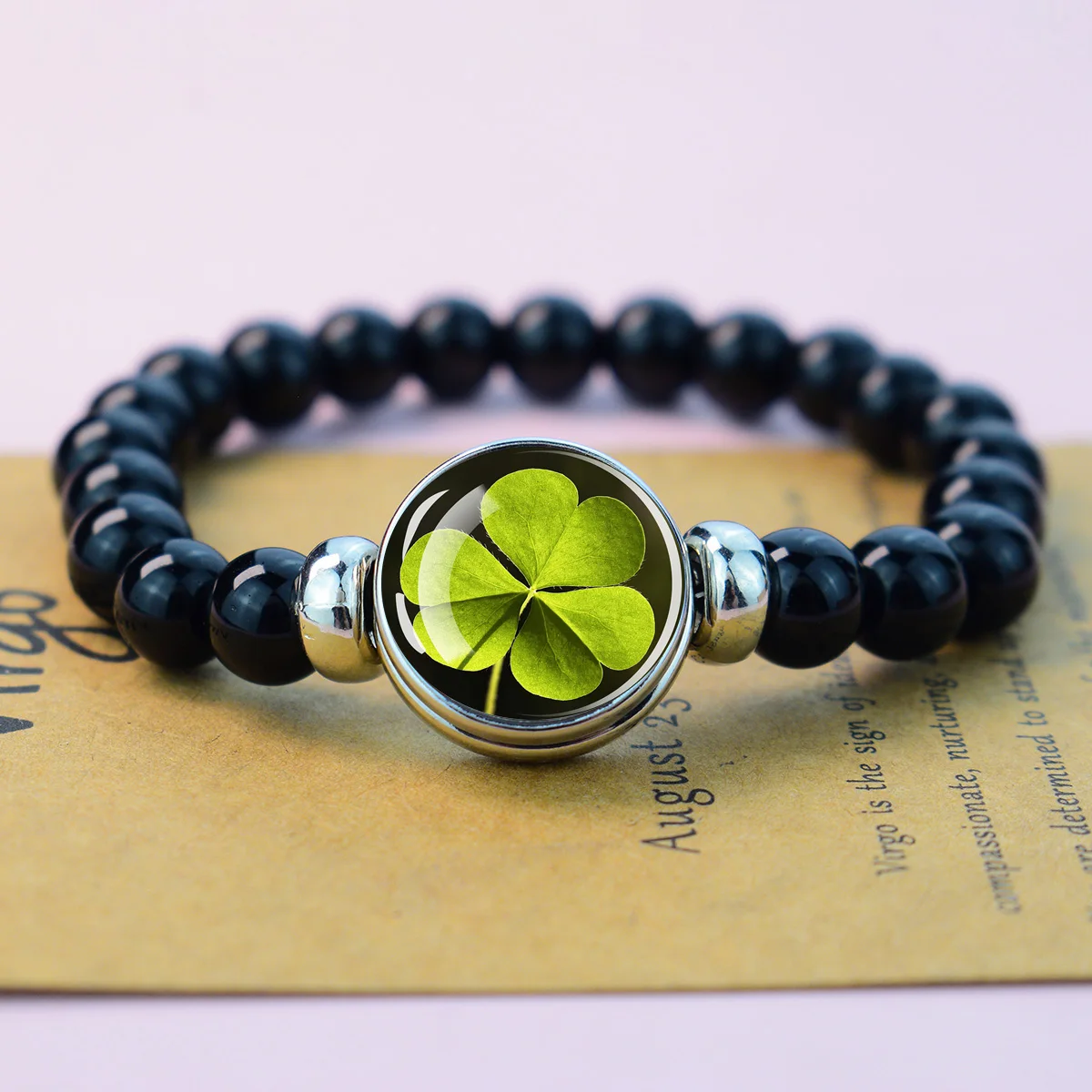 1PC Lucky Clover Black Bead Stretch Bracelet Good Luck Shamrock Glass Dome Bracelet