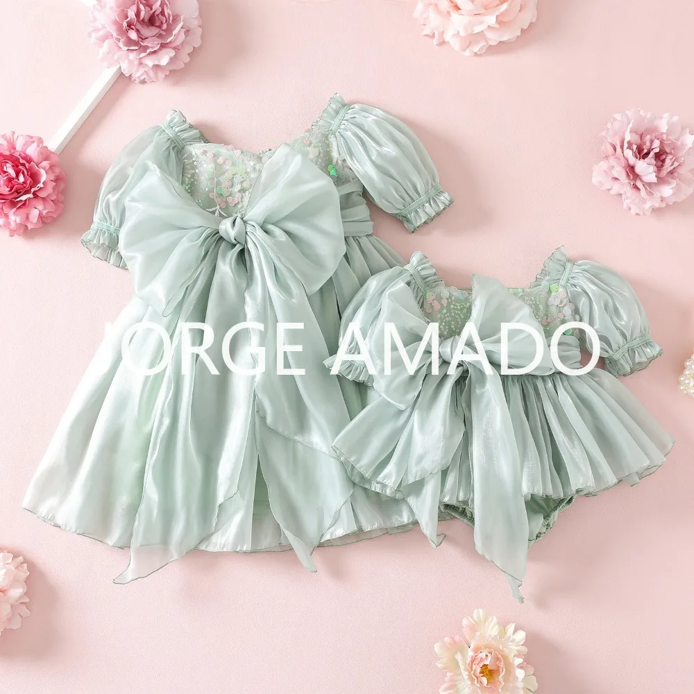 Toddler Girls Sister Matching Outfits Summer Short Sleeves Square Collar Bodysuit Bow Party Dress Twins Daughter Clothes H1518
