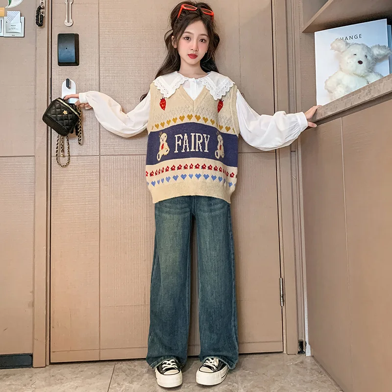 

2025 Autumn Junior Girls 3pcs Clothes Sets Children Girls Lapel Long Sleeves Tops+Knitted Vest+Straight Jeans 4-14Y Girls Sets
