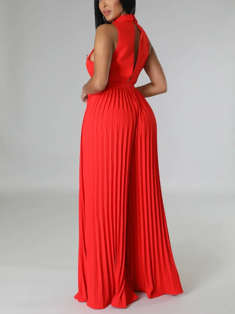 Sleeveless Jumpsuits for Women Casual Pleated Wide Leg Pants Belt Button Down Notched Lapel Back Out Summer One Piece Outfits