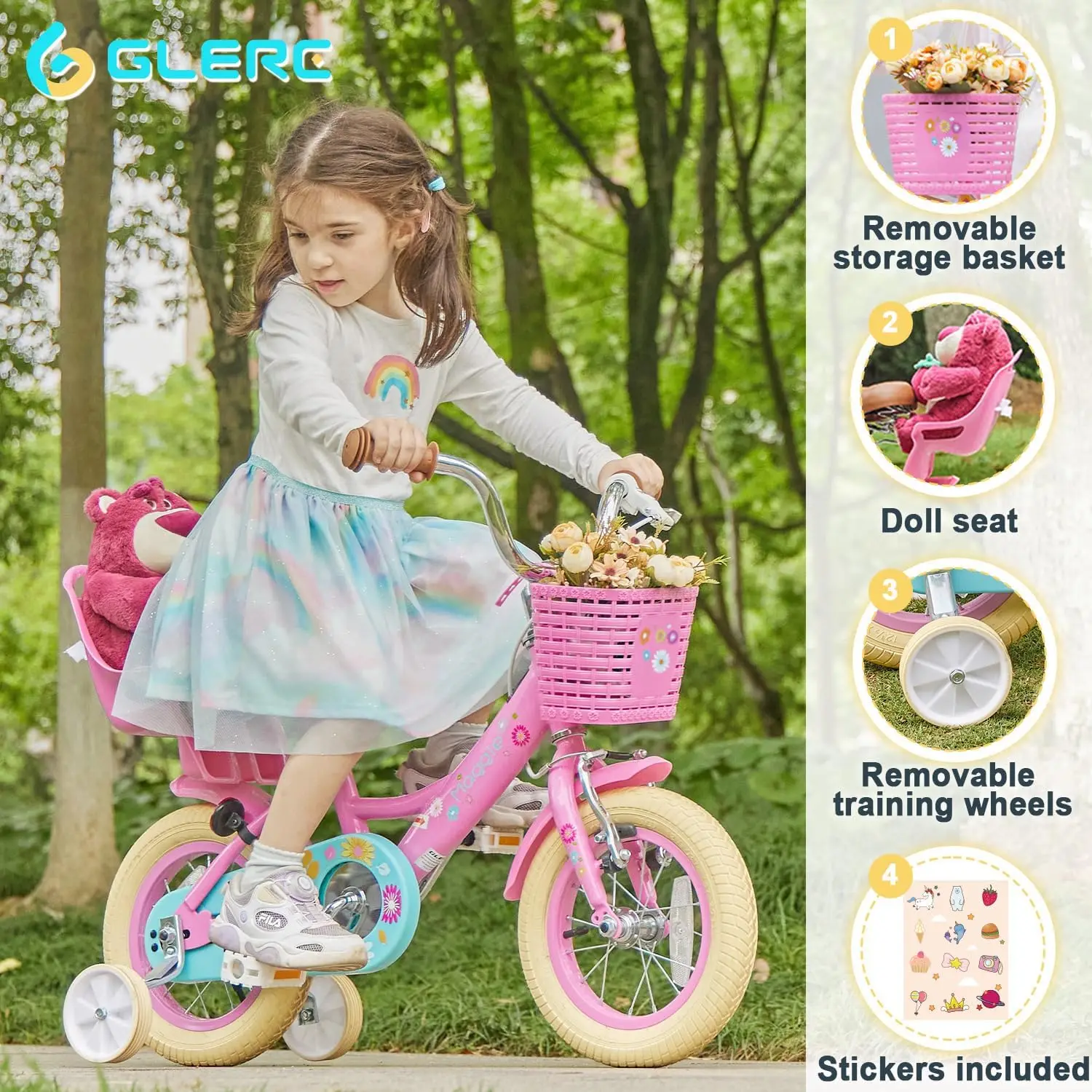 Bicicleta de estilo princesa para niñas, bici de 14 pulgadas para niños de 2 a 13 años, con asiento, cesta y tren