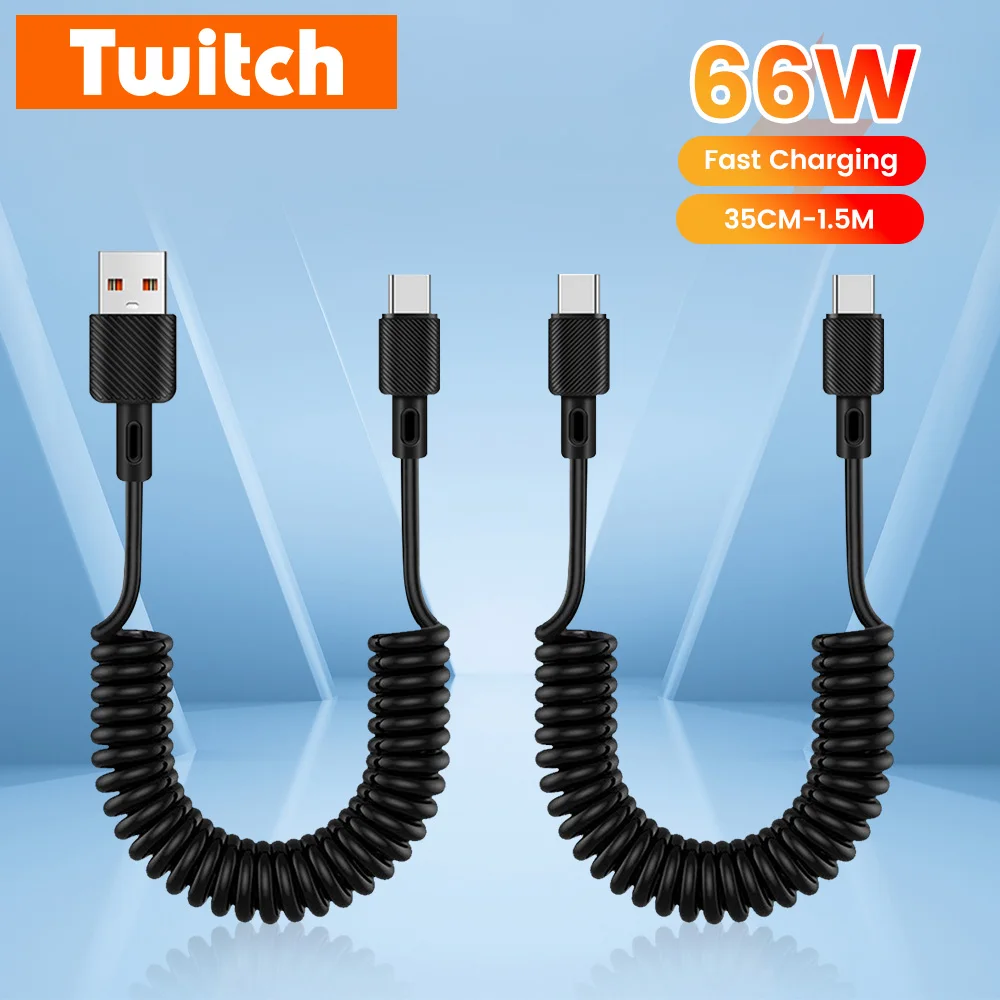 66W Car Spring Telescopic USB Type C Cable Fast Charging Portable Type C to Type C Data Cord for iPhone 15 16 Pro Huawei Phone