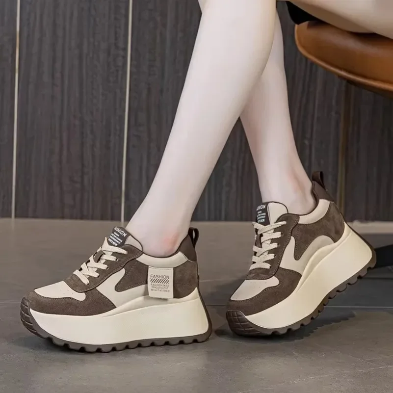 Fujin 8cm Microfiber Leather Platform Wedge Fashion Women Spring Autumn Chunky Sneakers Shoes Breathable Comfortable Vulcanize