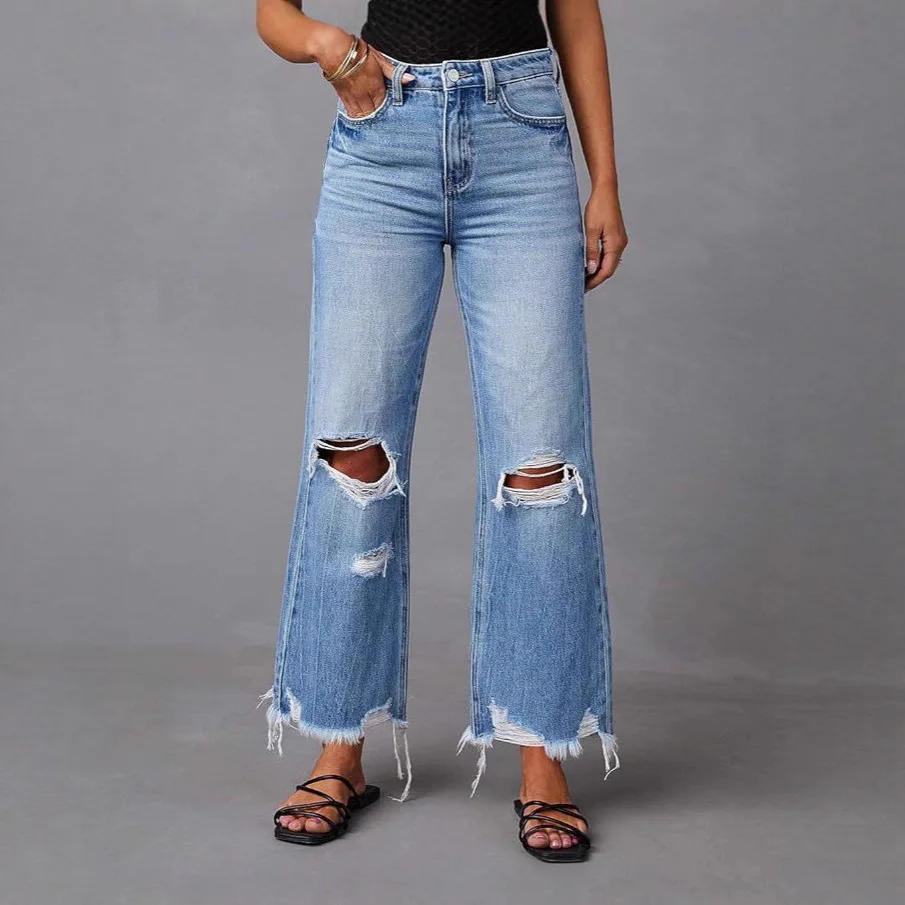 Jean à pampilles cassées transfrontalières européennes et américaines, vêtements de rue, taille haute, droites, décontractées, jambes larges, longues, nouvelle collection 2025