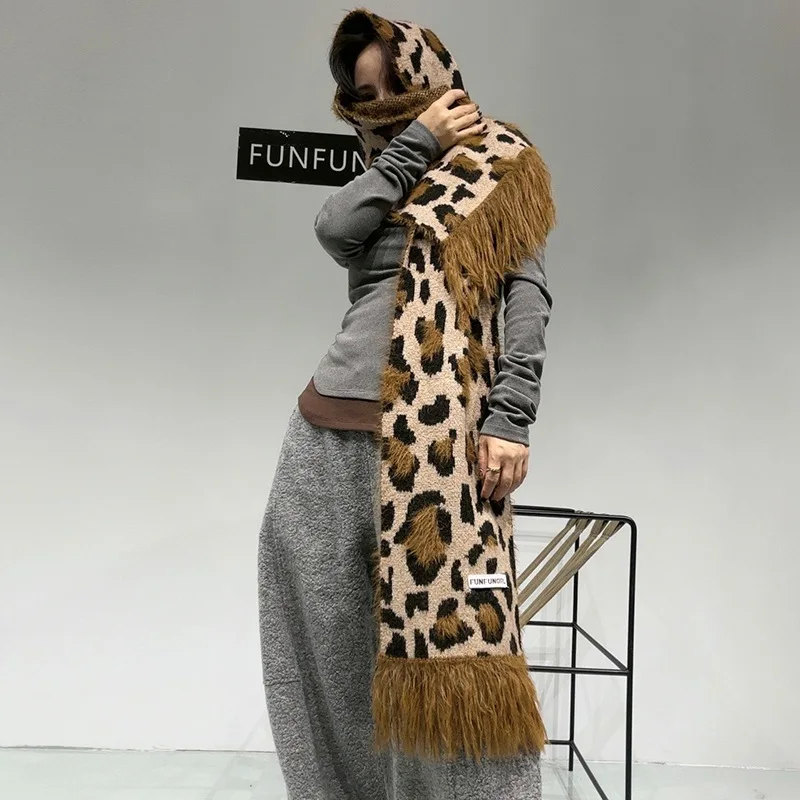 Fashion Design Leopard Wool Blend Scarf Women Autumn Winter Y2K Style Muffler Imitation Cashmere Shawl Korean Thick Warm Scarf