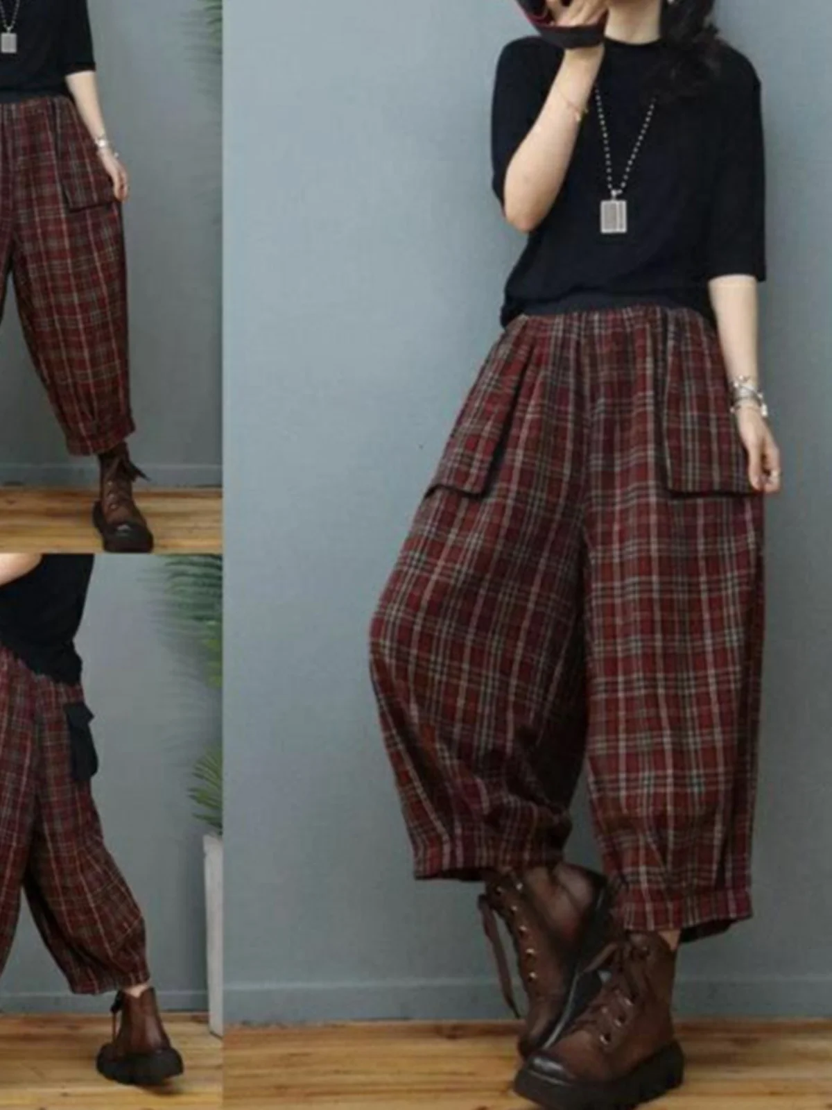 

Элитные ретро-брюки в клетку, свободные брюки-фонарики больших размеров, женские брюки-кароты с высокой талией, девятиметровые брюки