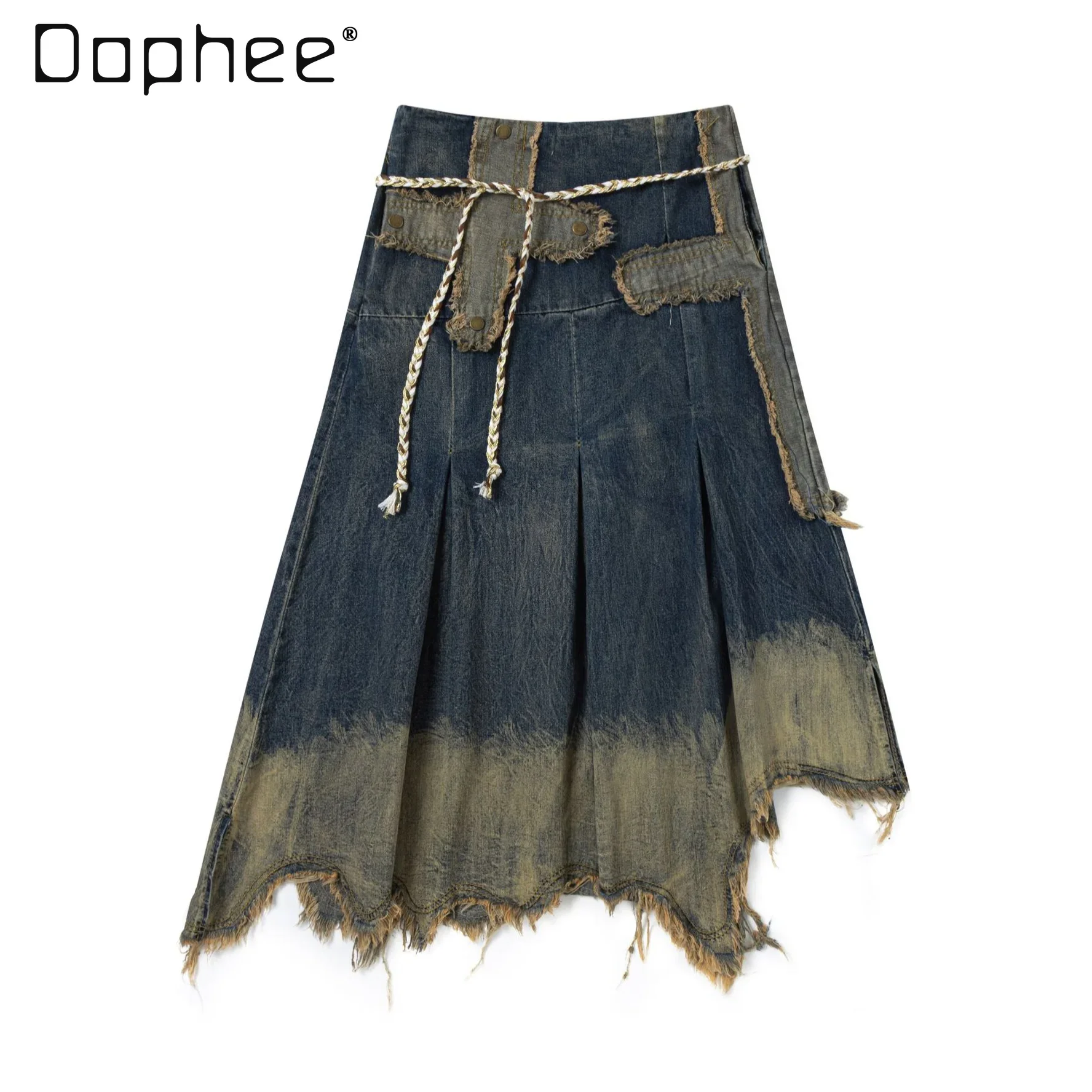 

American Retro Denim Skirt Irregular Hem Raw Edge Vintage Y2k Elastic Waist Pocket Lace Up Patchwork Midi Skirt Street Fashion