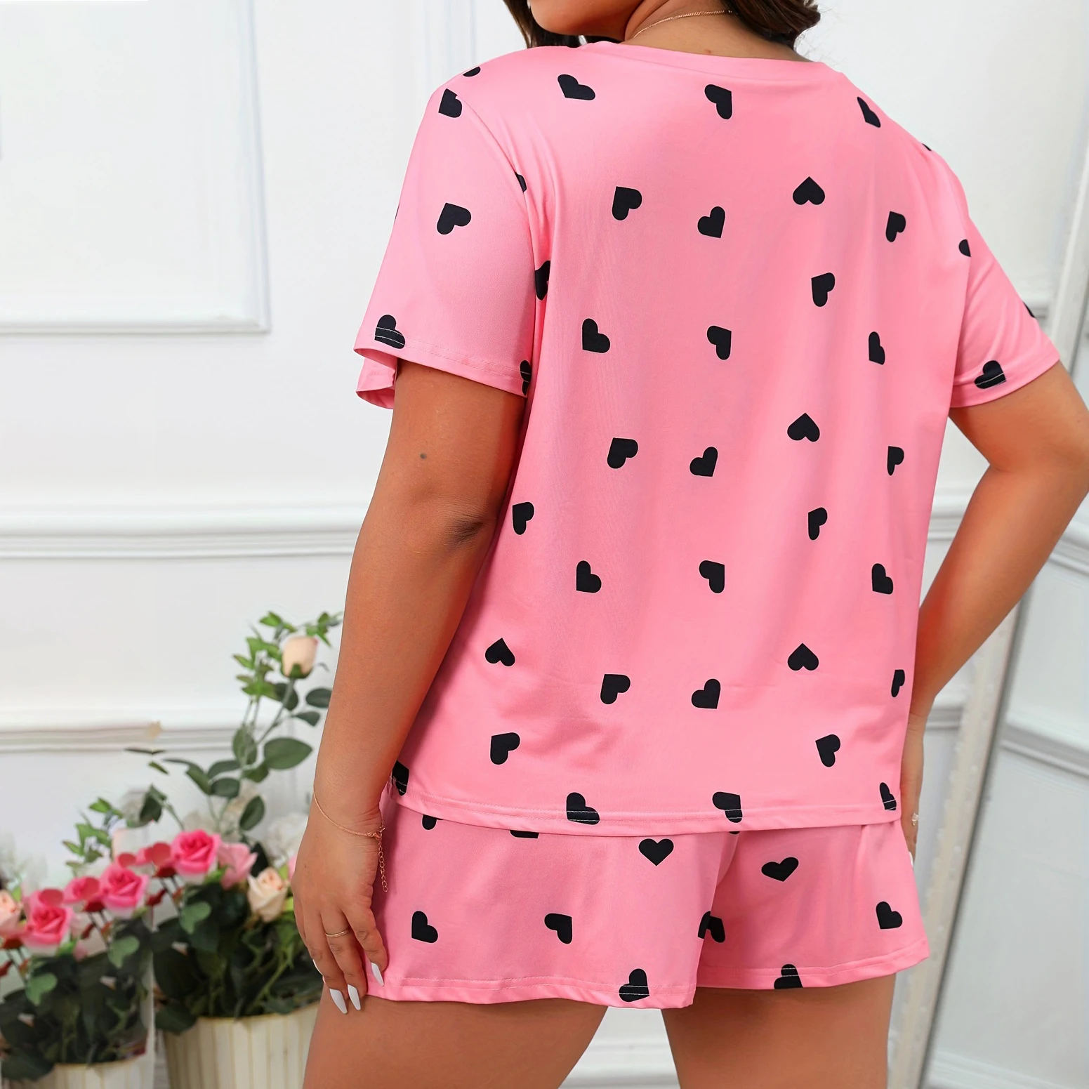 Plus Size XL-5XL Oversized Sleepwear Round Neck Women\'s Pajamas Sets Short Sleeve T-Shirt Shorts Pink Heart Print Loungwear 2PC