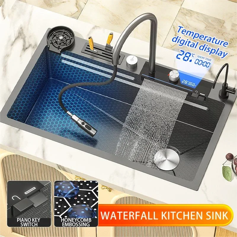 

Smart Kitchen Sink Waterfall Faucet Large Dishwasher Digital Display Multifunction Stainless Steel Sink Single Bowl Washbasin