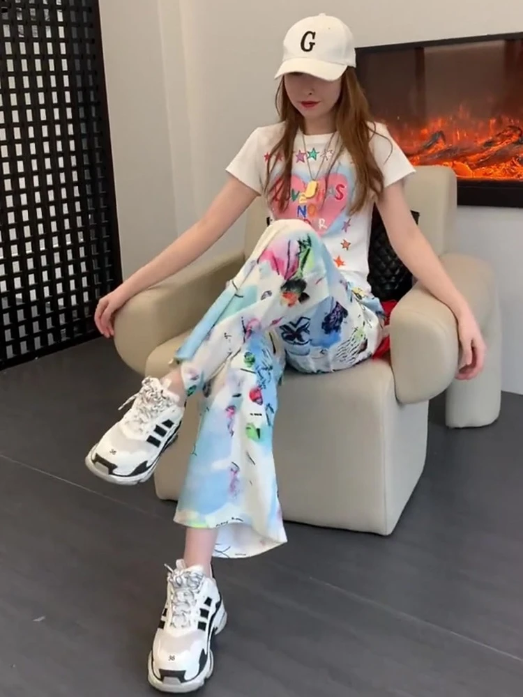 

Casual Fashion Set 2025 Women's Summer T Shirt+ Printed Wide Leg Pants Set Street Two Piece Sets
