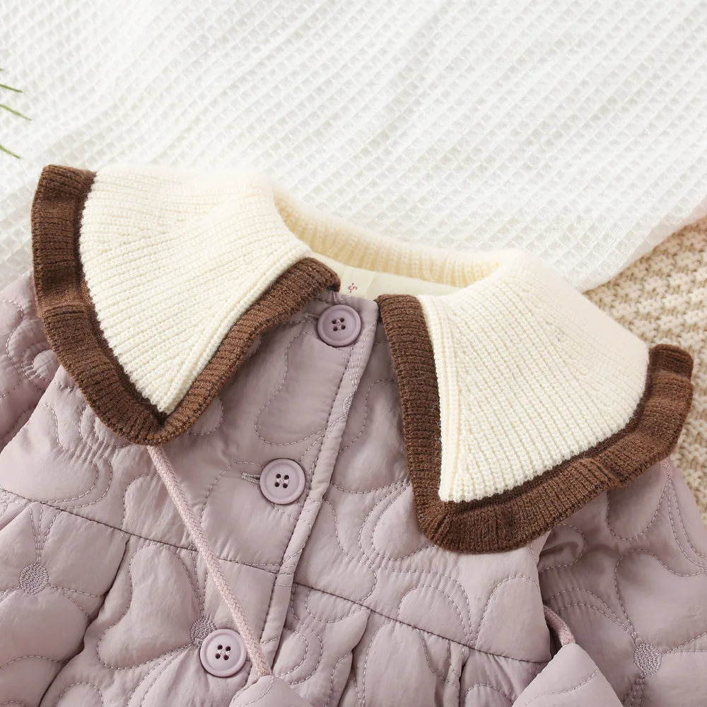 Winter 2/Piece Girls\' Cotton Jacket Bow Packaging Accessories Baby Girl Splicing Color Blocking, Big Collar Cute Cotton Jacket