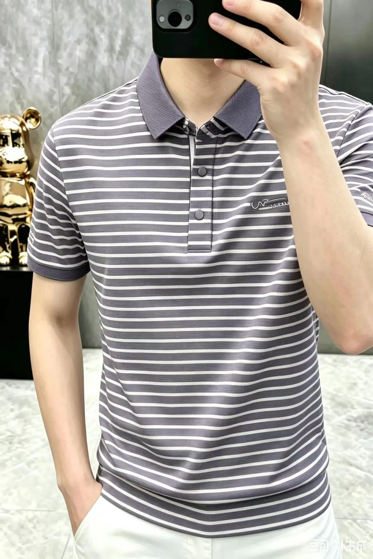 2026 Summer Men's New Style Anti-Static Silk-Feeling Striped Fashion Casual Polo Shirt Collar T-shirt