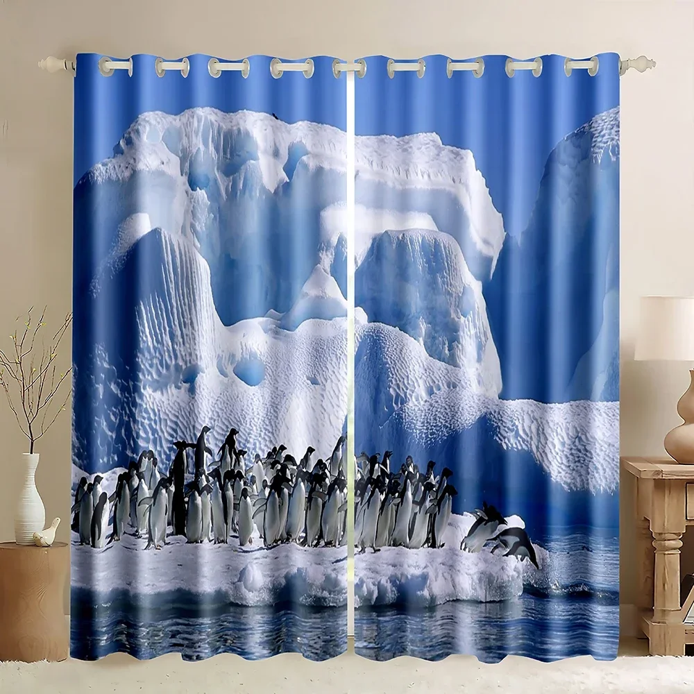 Blackout Curtains antarctic Iceberg Ocean Blue Sea Window Curtains Rod Pocket Drapes Penguin Window Treatments for Bedroom