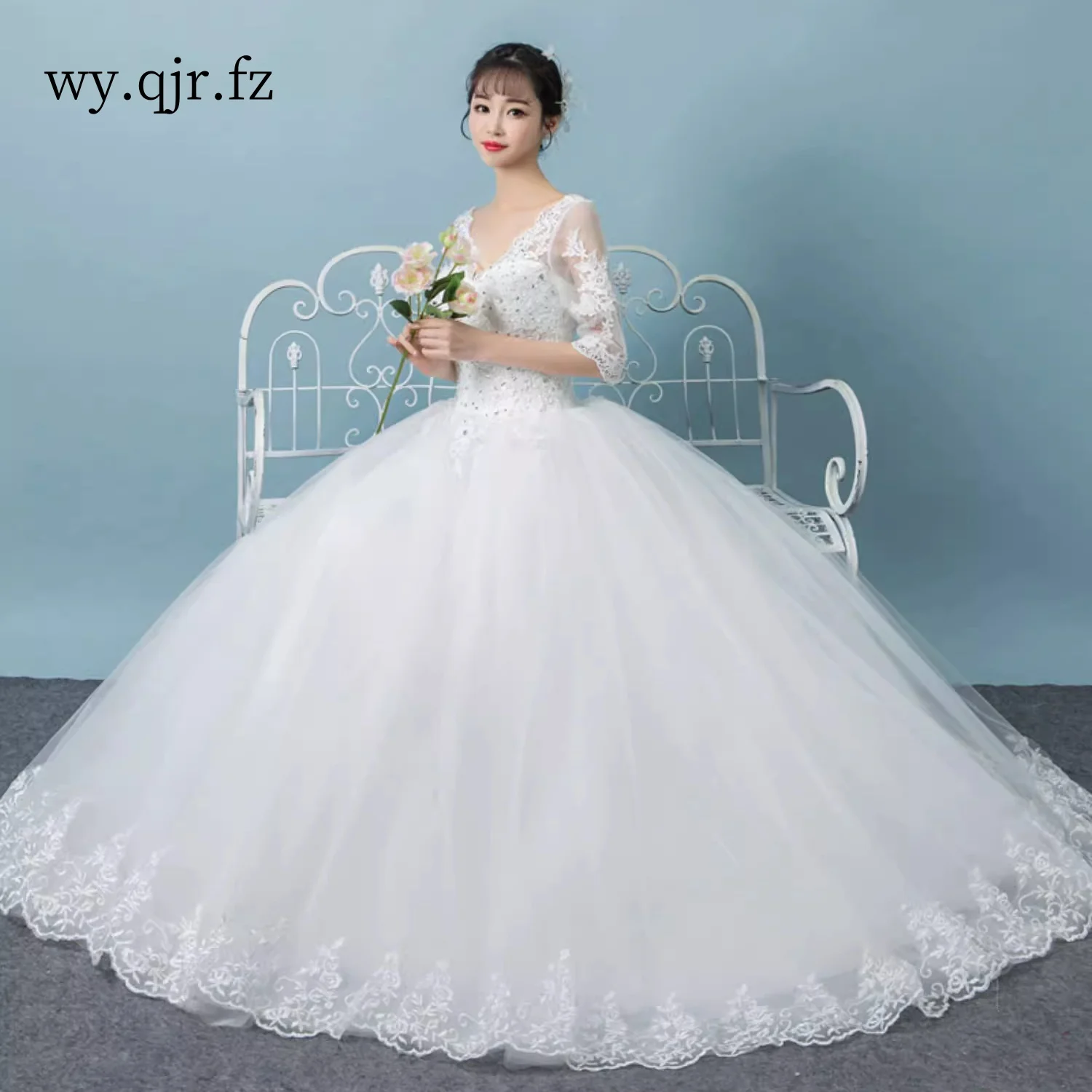 

MDYS-A58#2025 Wedding Dress New Bridal V-neck Mid Sleeve Large Size Customizable Ball Gown Embroidered sequins Cheap Wholesale
