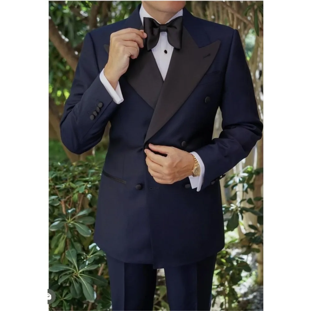 

Navy Blue Mens Suits Double Breasted Slim Fit Blazer Wedding Groom Tuxedos Business Dress Trajes De Hombre 2 Pieces Jacket Pants