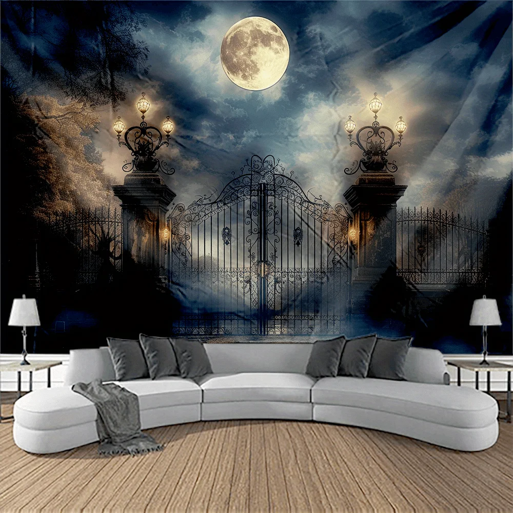 Haunted House Door Tapestry - Moonlit Gothic Horror Theme Wall Hanging for Halloween Home Decor