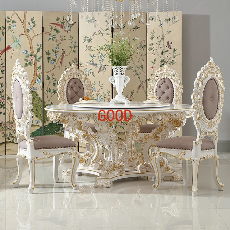 

French round Dining Tables and Chairs Set Painted Restaurant Furniture European Cream Style Rotatable
