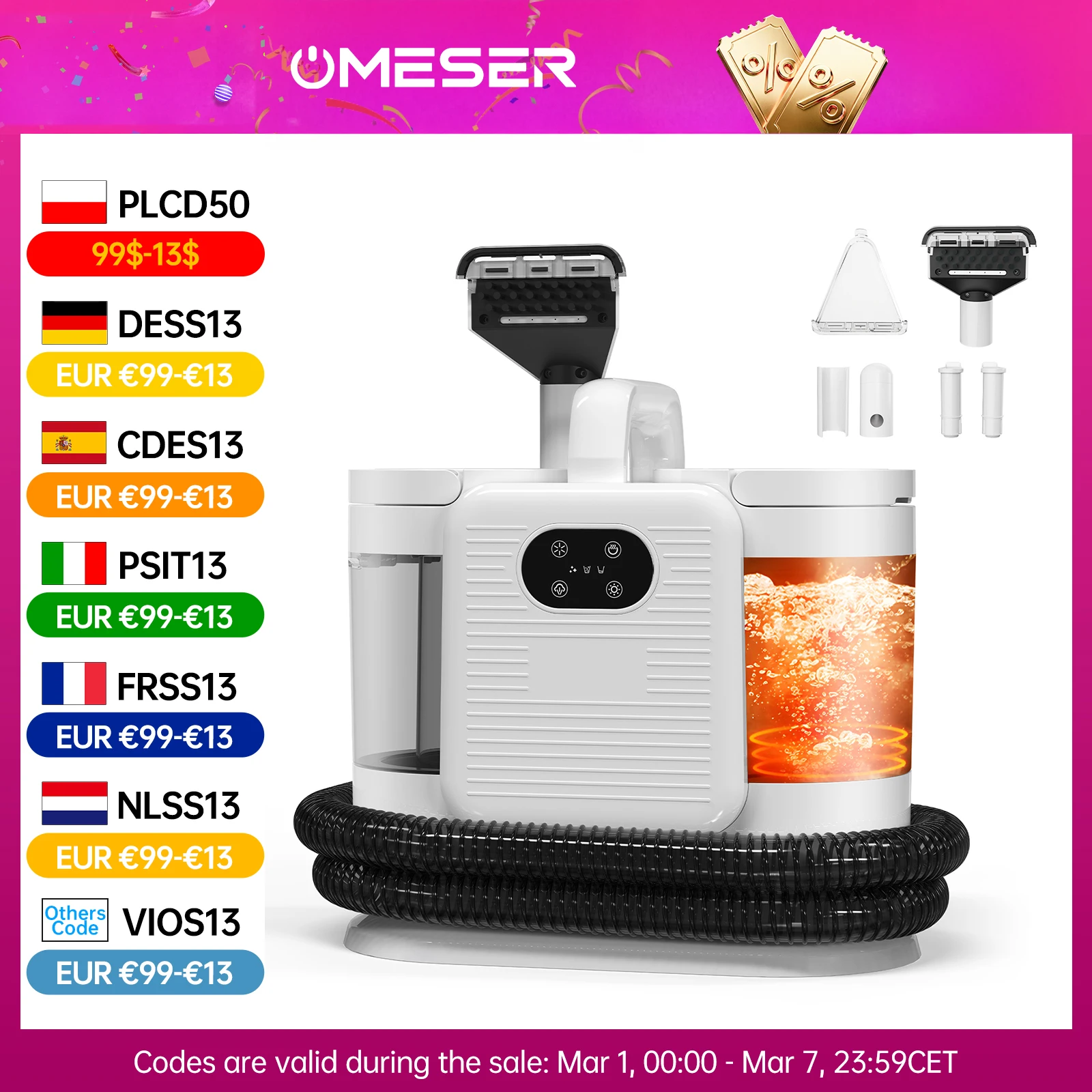 OMESER C988 1650W Machine de pulvérisation de nettoyage à vapeur 15KPa nettoyeur de tapis d'aspiration appareil ménager intelligent portatif pour le nettoyage du canapé-lit