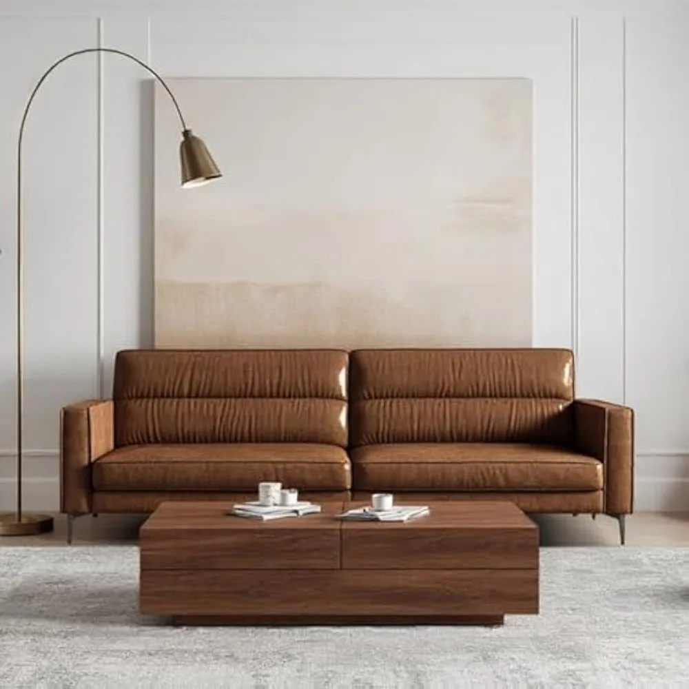 

Mid-Century 3-Seater Leather Sofa with Removable Backrest and Cushions, Vintage Modern Lounge Couch for Office, Apartment