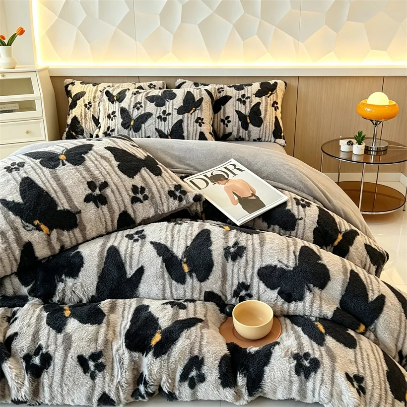 Winter Warm Print Fuzzy Plush Bed Sheet Set Soft Fluffy Duvet Cover Bed Sheet Pillowcase Comfortable Bedroom Bedding Sheet Set