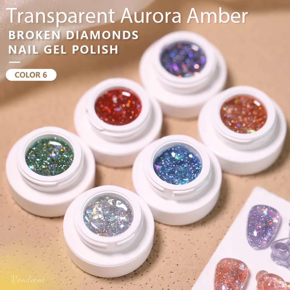 

Vendeeni 6 Color Transparent Aurora Broken Diamond Gel Nail Polish Sparkling Sequin Nail Art Gel Varnish UV Soak Off Gel Lacquer