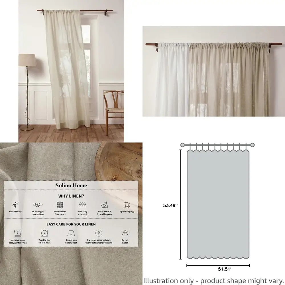

Pure Linen Sheer Curtains - 52x54 Inches - Light Filtering for Living Spaces