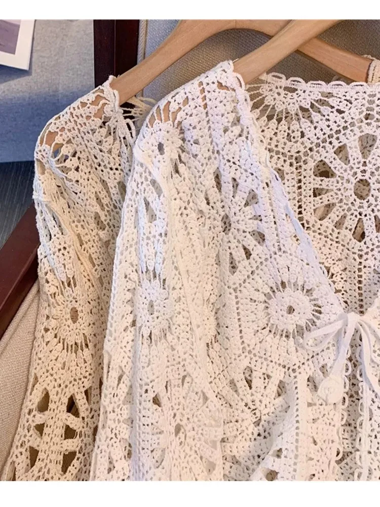 كارديجان نسائي طويل الأكمام بنمط بوهيمي، رقيق للصيف مع عقدة فراشة وحزام، قميص دانتيل للحماية من الشمس